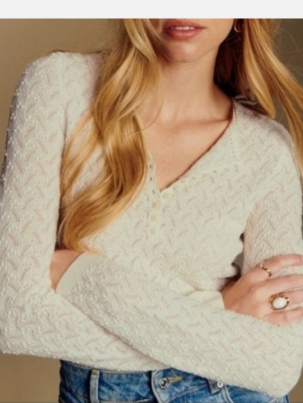 Sezane Alexa Jumper Women Cream Merino Wool Scalloped Button Top